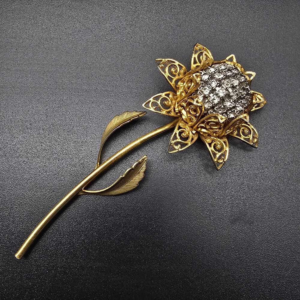 Gold Tone Long Stem Flower Brooch Rhinestone Vintage Costume Jewelry